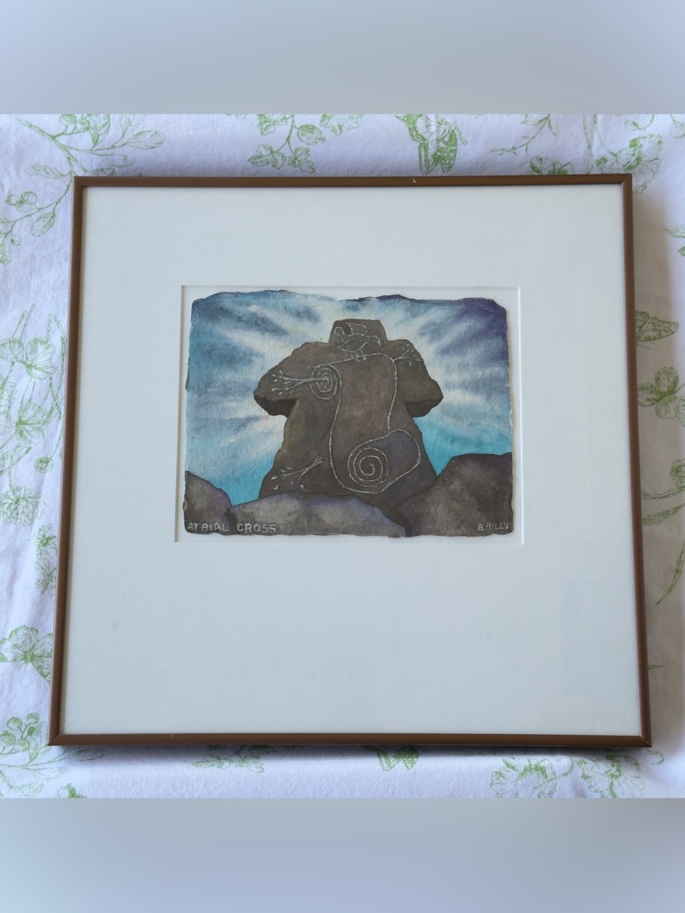 Watercolor Painting "Atrial Cross" signed B. Riley, Ancient Petroglyphs Inspired